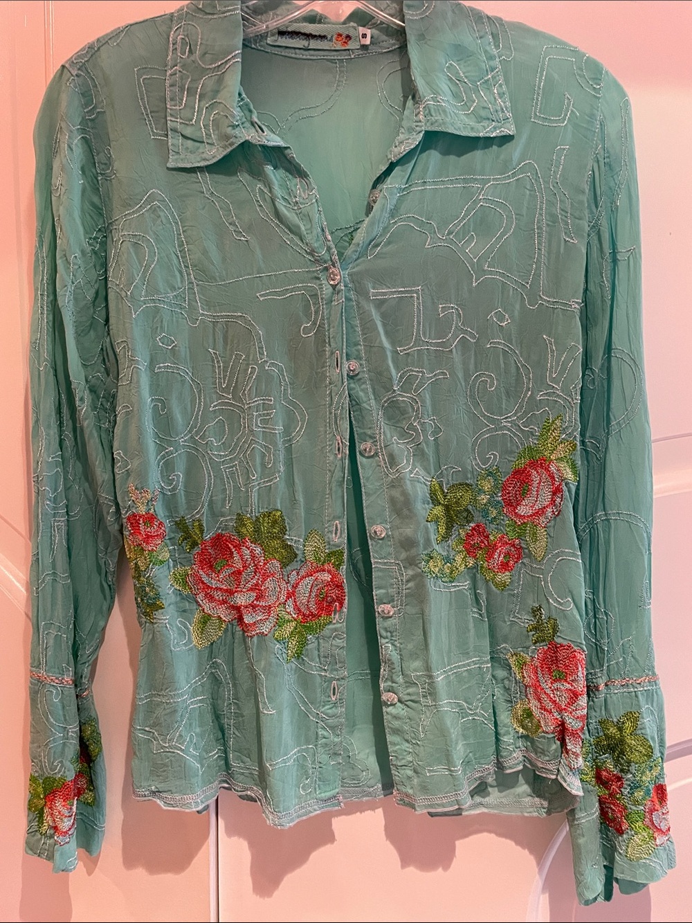 Embroidered Floral Button-Up Shirt - Mint Green